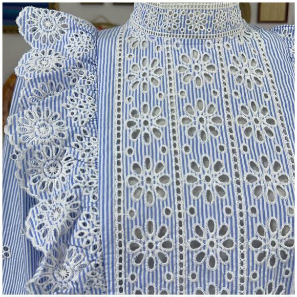 Sea Exploded New York Exploded Eyelet Ruffle Top Retail $ 345 Blue White - Picture 8 of 16